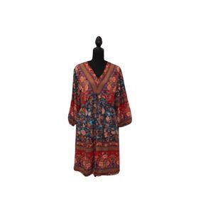 BTFBM Floral Retro Boho Mini Dress Womens Large Red Multi V-Neck Long Sleeve